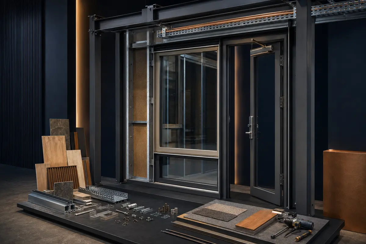 Door and window systems with construction and fit-out materials