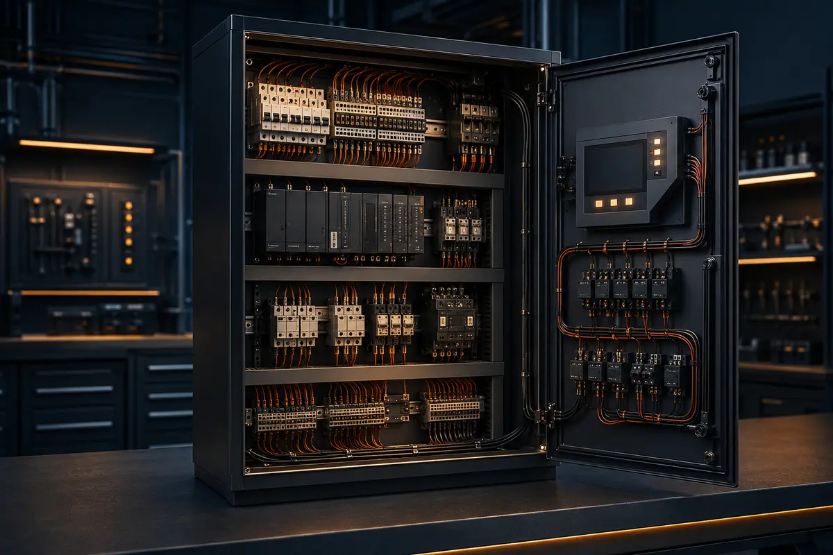 An industrial control panel with breakers, control modules and organised wiring