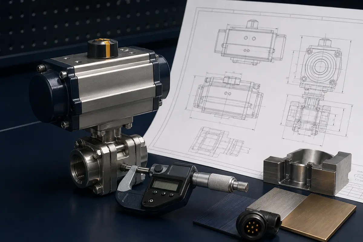 An industrial valve actuator matched to its drawing and technical dimensions