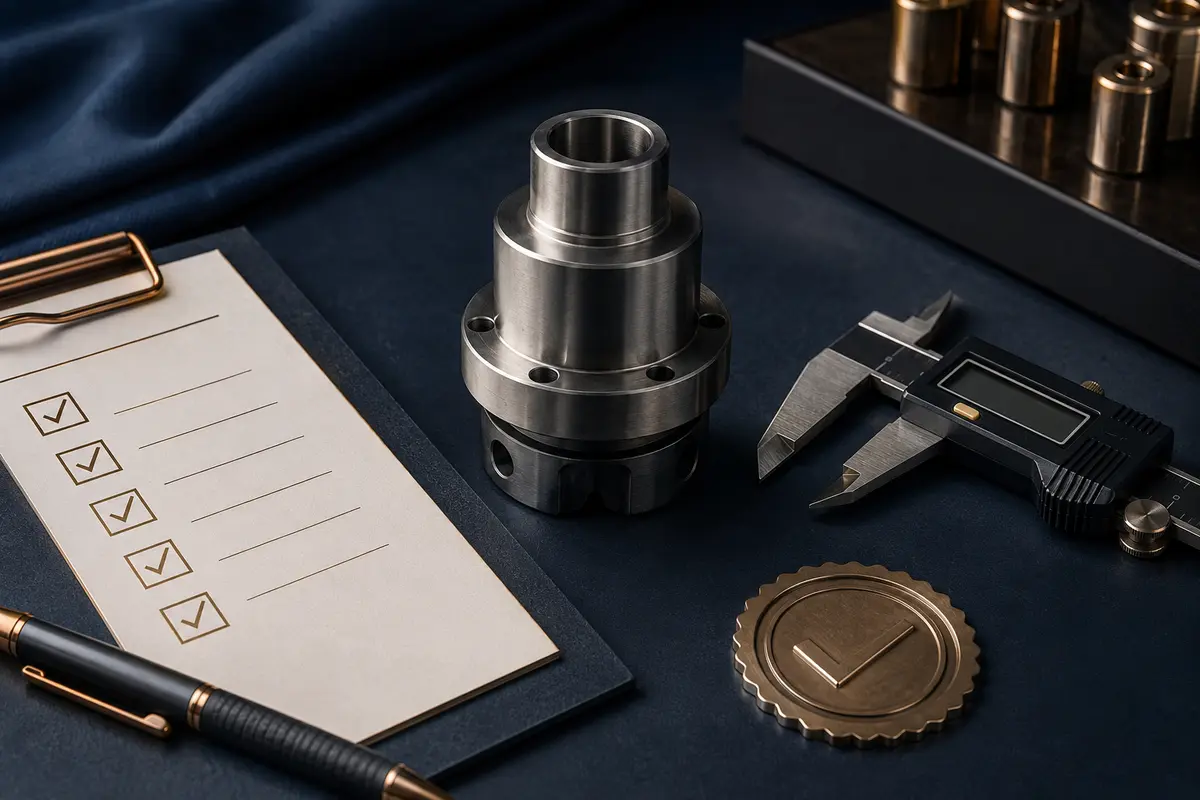 An industrial component, precision gauge and quality checklist representing commitment